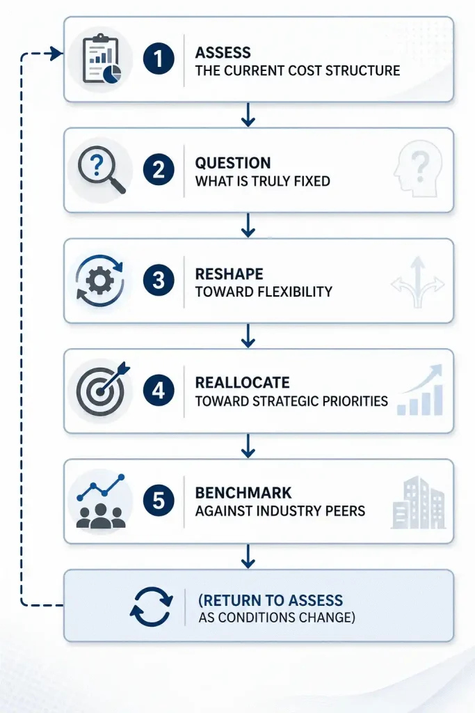 "Flowchart illustrating a strategic cost optimization framework, showing how businesses assess cost structures, identify fixed costs, improve operational flexibility, reallocate spending to strategic priorities, benchmark against industry peers, and continuously optimize performance."
