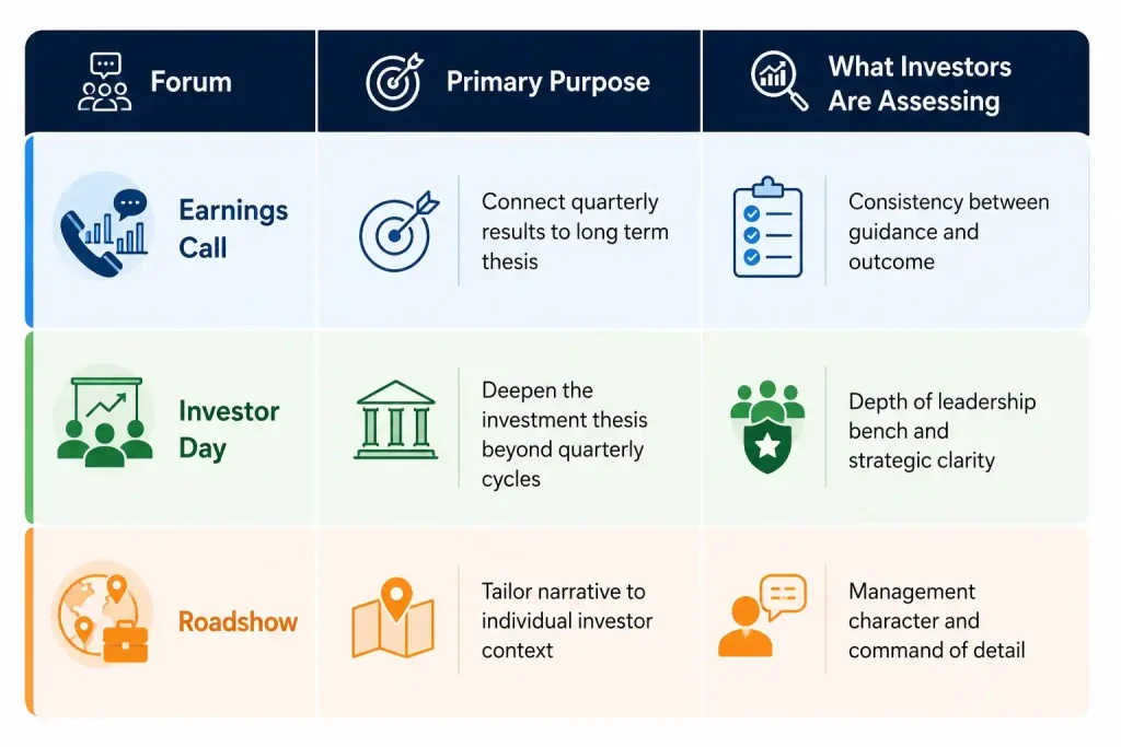 Infographic comparing earnings calls, investor days, and roadshows, highlighting their purpose and the key aspects investors evaluate.