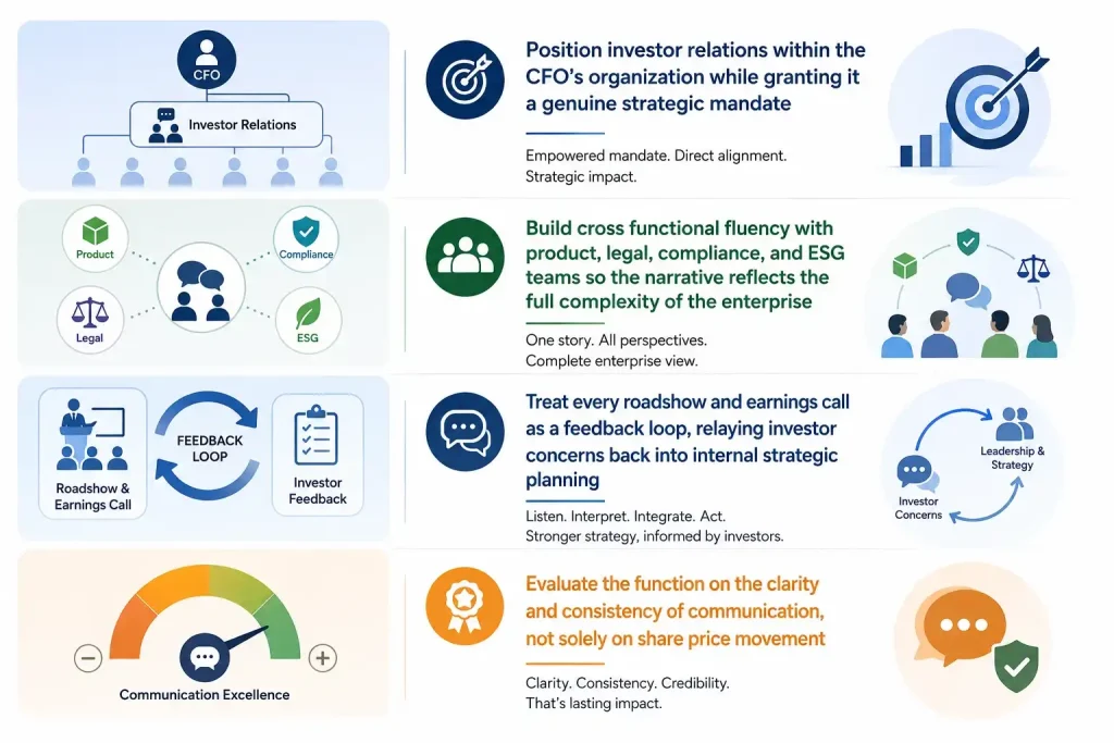 Infographic illustrating four investor relations best practices, including strategic alignment, cross-functional collaboration, investor feedback integration, and communication excellence.