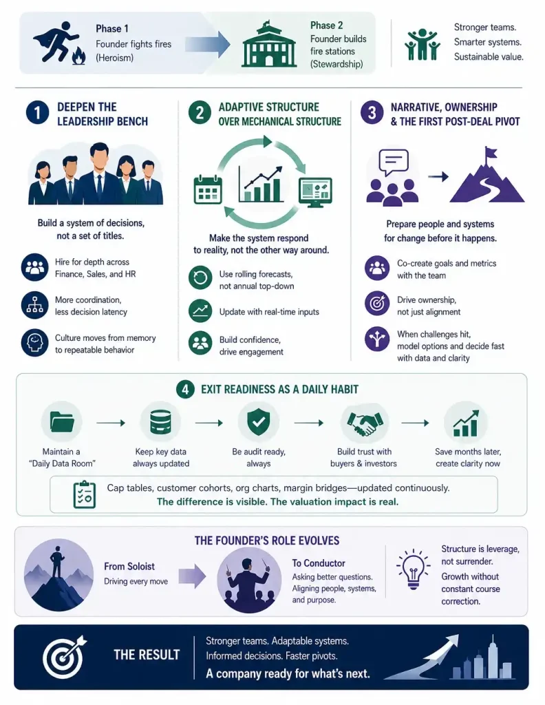 Infographic illustrating the journey from founder-led leadership to exit-ready organizations through stronger teams, adaptive structures, ownership, and continuous operational readiness.