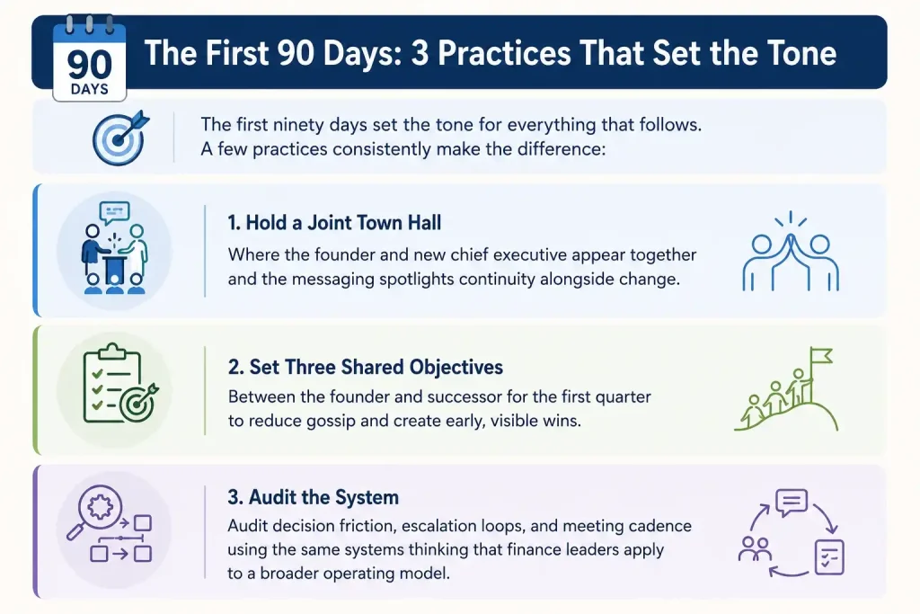 A clean corporate infographic outlining three essential practices for the first 90 days of a leadership transition, emphasizing communication, shared objectives, and operational system reviews.