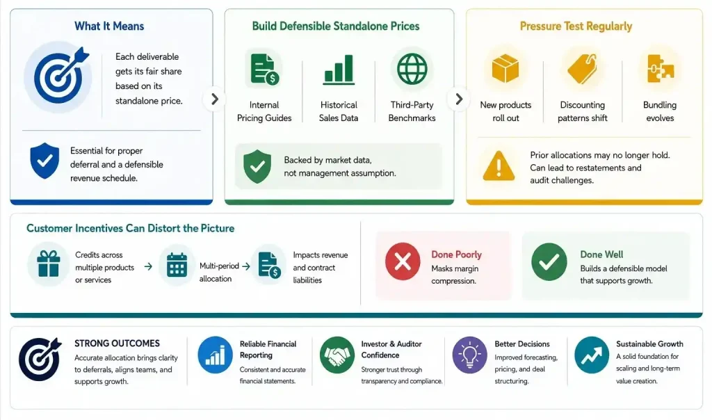 Infographic illustrating Step 4 of the ASC 606 revenue recognition model, showing how transaction prices are allocated to performance obligations using standalone selling prices, market evidence, and ongoing pricing validation.
