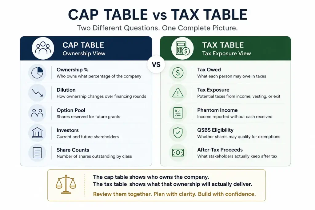 Side-by-side infographic comparing a capitalization table and a tax table, highlighting that a cap table tracks ownership, dilution, investors, and share counts, while a tax table focuses on tax liability, phantom income, QSBS eligibility, and after-tax proceeds, emphasizing that ownership and financial outcomes are different.