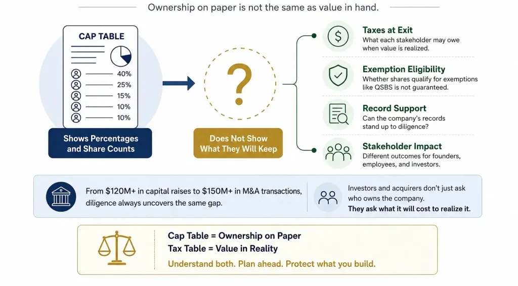 Infographic showing that a cap table records company ownership and share counts, but not what stakeholders ultimately keep after taxes, exemptions, and diligence-related considerations.
