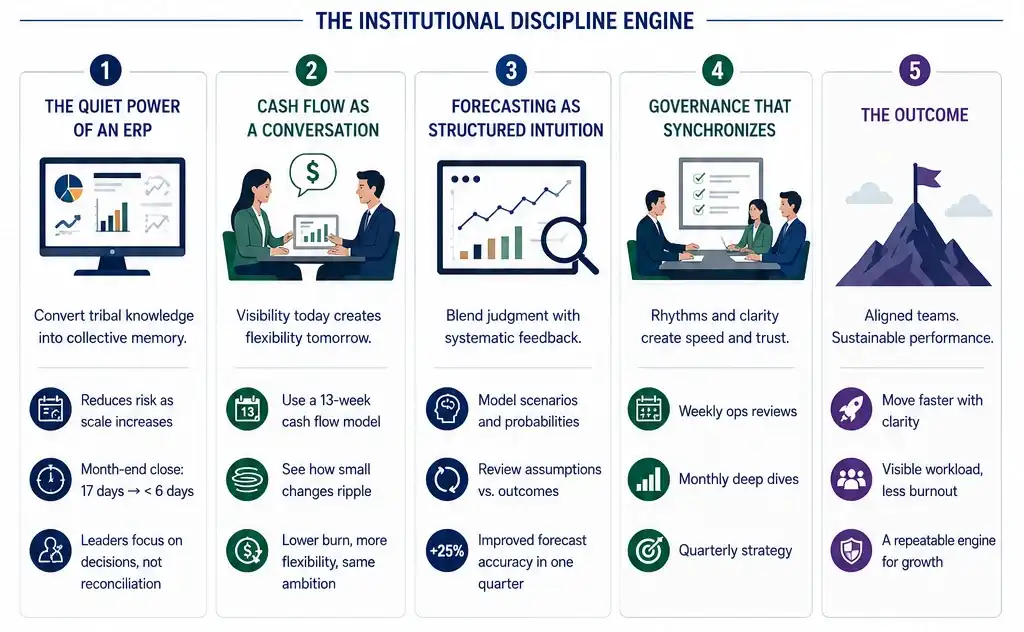 Infographic showing how institutional discipline transforms founder-led businesses through ERP, cash flow management, forecasting, governance, and scalable operating practices.
