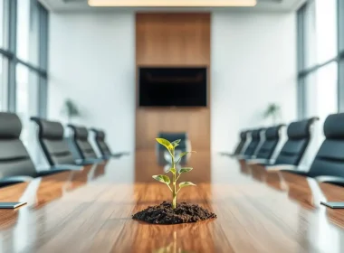 A small seedling growing from a boardroom table symbolizes organizational growth, trust, and long-term strategic development.