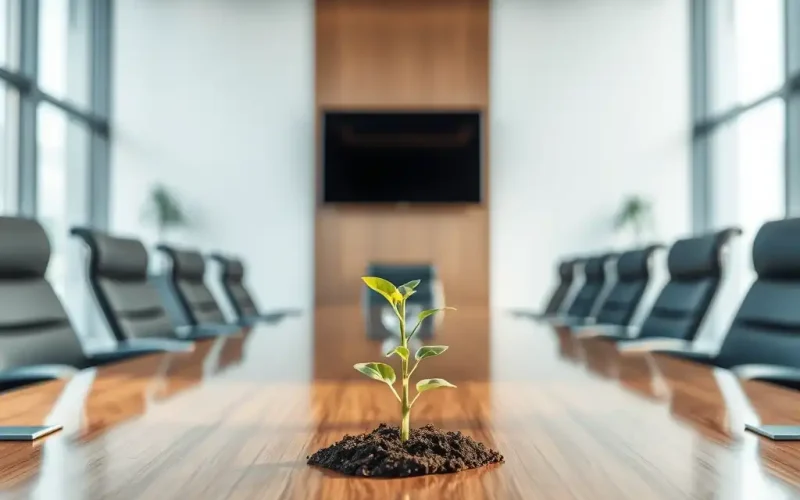 A small seedling growing from a boardroom table symbolizes organizational growth, trust, and long-term strategic development.