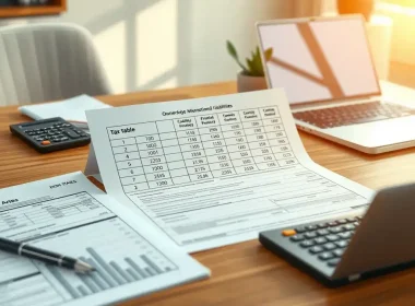 Tax documents, calculators, and a laptop arranged on a desk, illustrating financial planning and tax analysis.