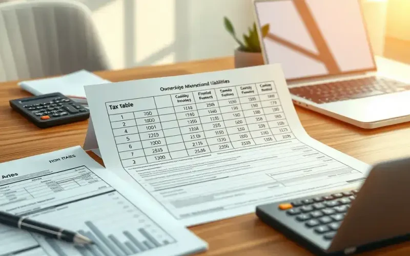 Tax documents, calculators, and a laptop arranged on a desk, illustrating financial planning and tax analysis.
