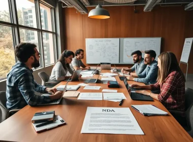 Startup team reviewing an NDA document together in a conference room during a business planning meeting