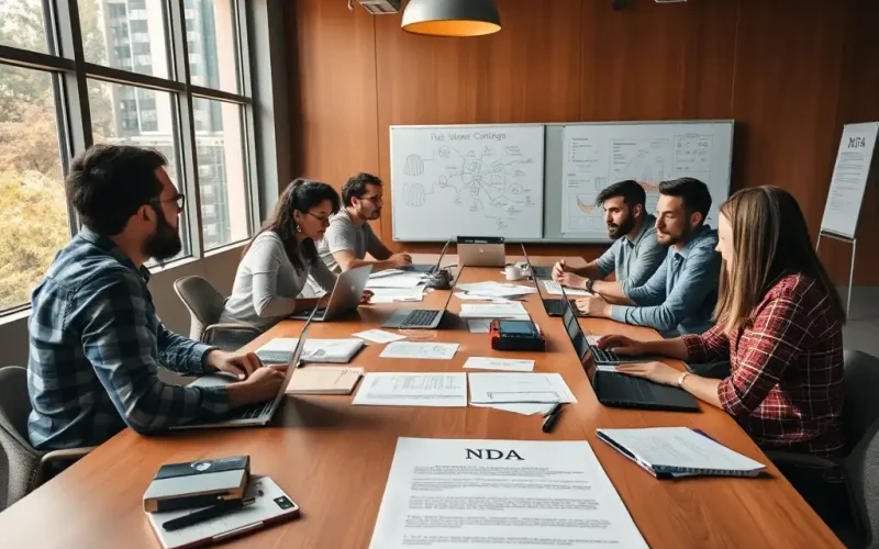 Startup team reviewing an NDA document together in a conference room during a business planning meeting