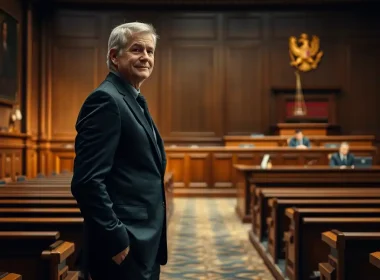 Senior lawyer standing confidently in a courtroom, representing outside counsel best practices for founders