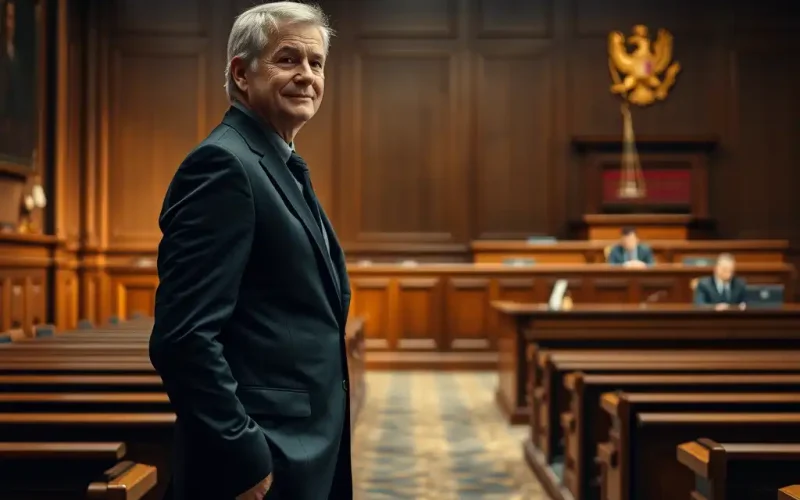 Senior lawyer standing confidently in a courtroom, representing outside counsel best practices for founders