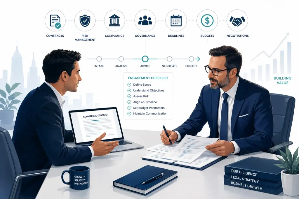 Business advisors reviewing a commercial contract with an engagement checklist covering risk, compliance, and negotiations