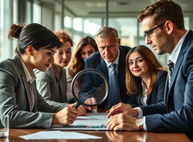 Finance executives reviewing private equity exit strategy charts and performance data with a magnifying glass during a boardroom due diligence meeting