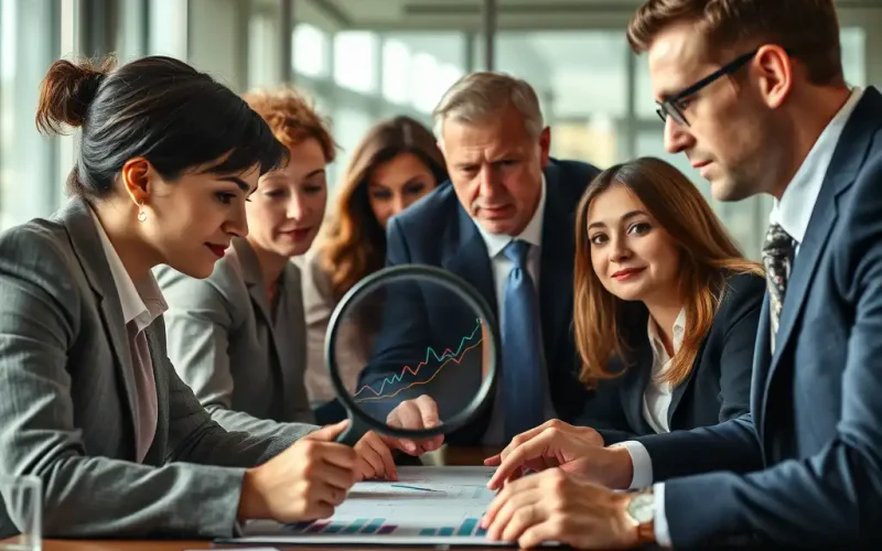 Finance executives reviewing private equity exit strategy charts and performance data with a magnifying glass during a boardroom due diligence meeting