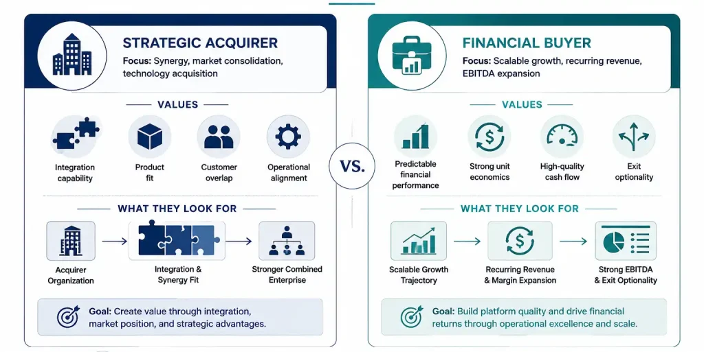 Comparison of strategic acquirer vs financial buyer priorities in mergers and acquisitions