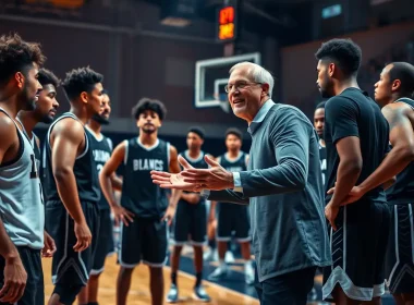 Basketball coach giving a courtside pep talk to his team huddled around him during a game