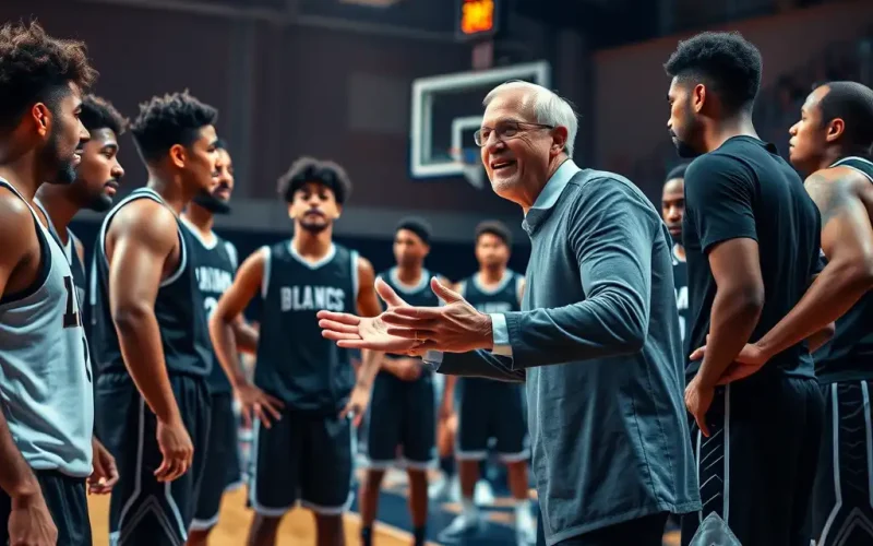 Basketball coach giving a courtside pep talk to his team huddled around him during a game