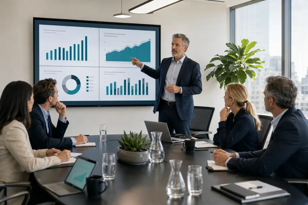 Executive presenting quarterly financial performance charts to board members in a conference room