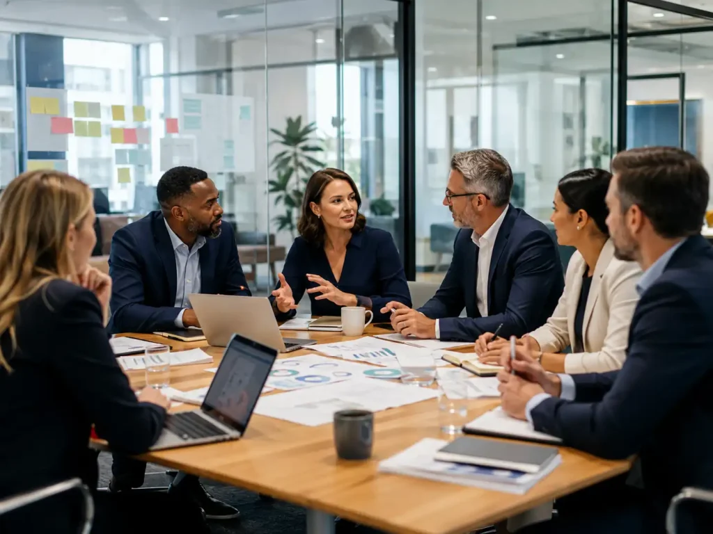 Business leaders collaborating around a table with charts and reports during a strategy meeting
