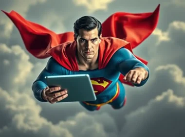 Illustration of a caped superhero figure flying with a tablet, symbolizing confident AI-driven leadership