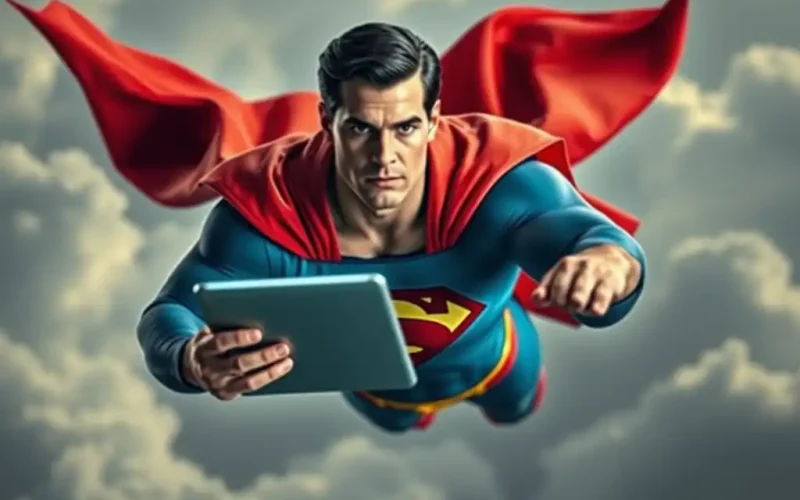 Illustration of a caped superhero figure flying with a tablet, symbolizing confident AI-driven leadership