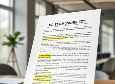 Close-up of a venture capital term sheet highlighting liquidation preference and participating preferred clauses in yellow