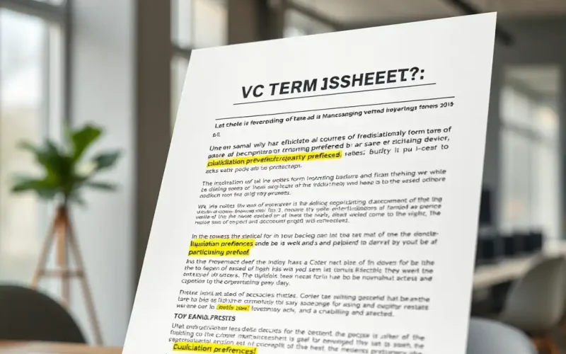 Close-up of a venture capital term sheet highlighting liquidation preference and participating preferred clauses in yellow