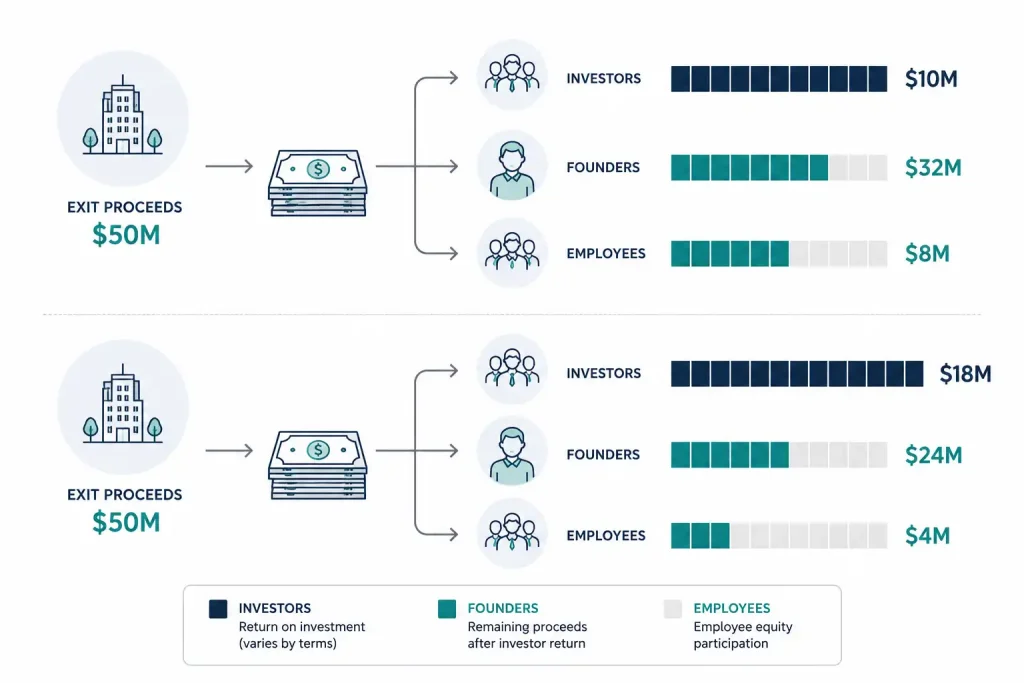 Diagram comparing non-participating vs participating liquidation preference payouts to investors, founders, and employees in a $50M exit