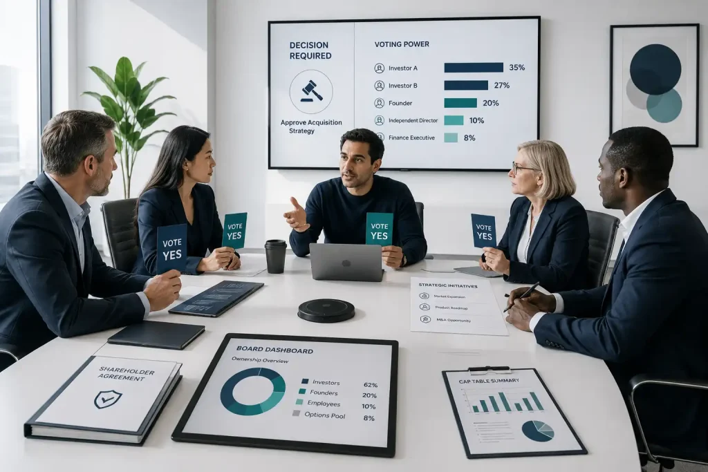 Board meeting showing venture capital term sheet voting power, ownership breakdown, and cap table summary during an acquisition decision