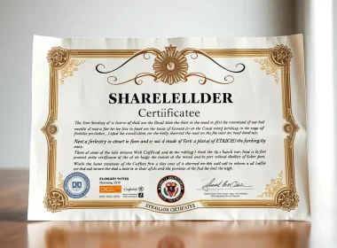 Startup shareholder certificate representing founder equity and cap table structure