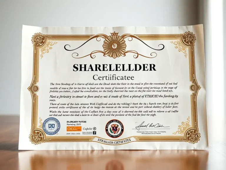 Startup shareholder certificate representing founder equity and cap table structure