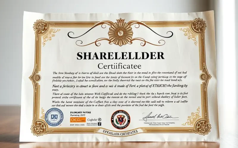 Startup shareholder certificate representing founder equity and cap table structure