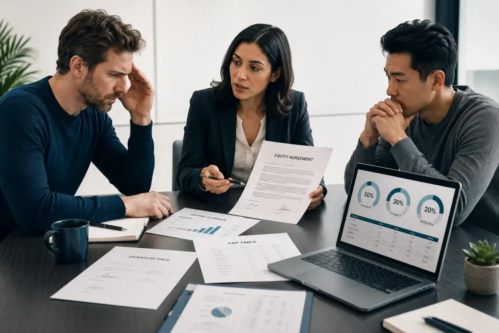 Startup founders and advisor reviewing equity agreement, vesting schedule, and cap table during a legal review meeting