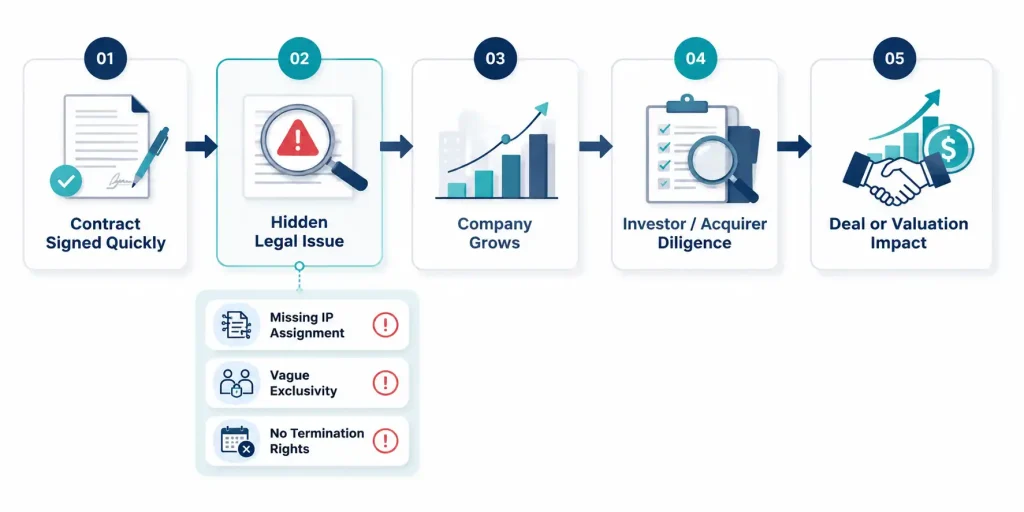 Diagram showing how startup legal mistakes like missing IP assignment and vague contracts lead to diligence and valuation risk