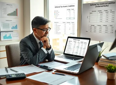 CFO reviewing a deferred tax asset and liability schedule on a laptop in the office
