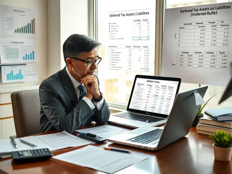 CFO reviewing a deferred tax asset and liability schedule on a laptop in the office