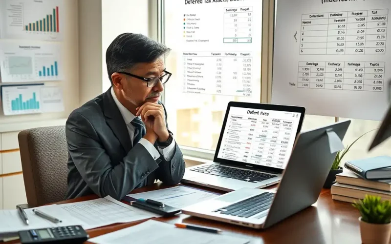 CFO reviewing a deferred tax asset and liability schedule on a laptop in the office