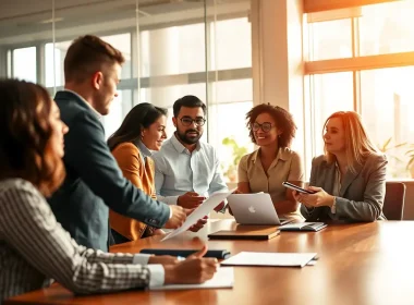 Founders and legal counsel collaborating around a boardroom table during a strategic business meeting
