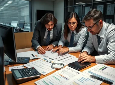 Finance team reviewing financial reports and charts at a desk, representing the credit analysis behind banking fraud detection.