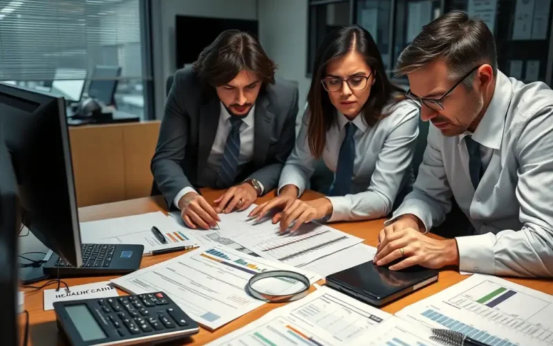 Finance team reviewing financial reports and charts at a desk, representing the credit analysis behind banking fraud detection.