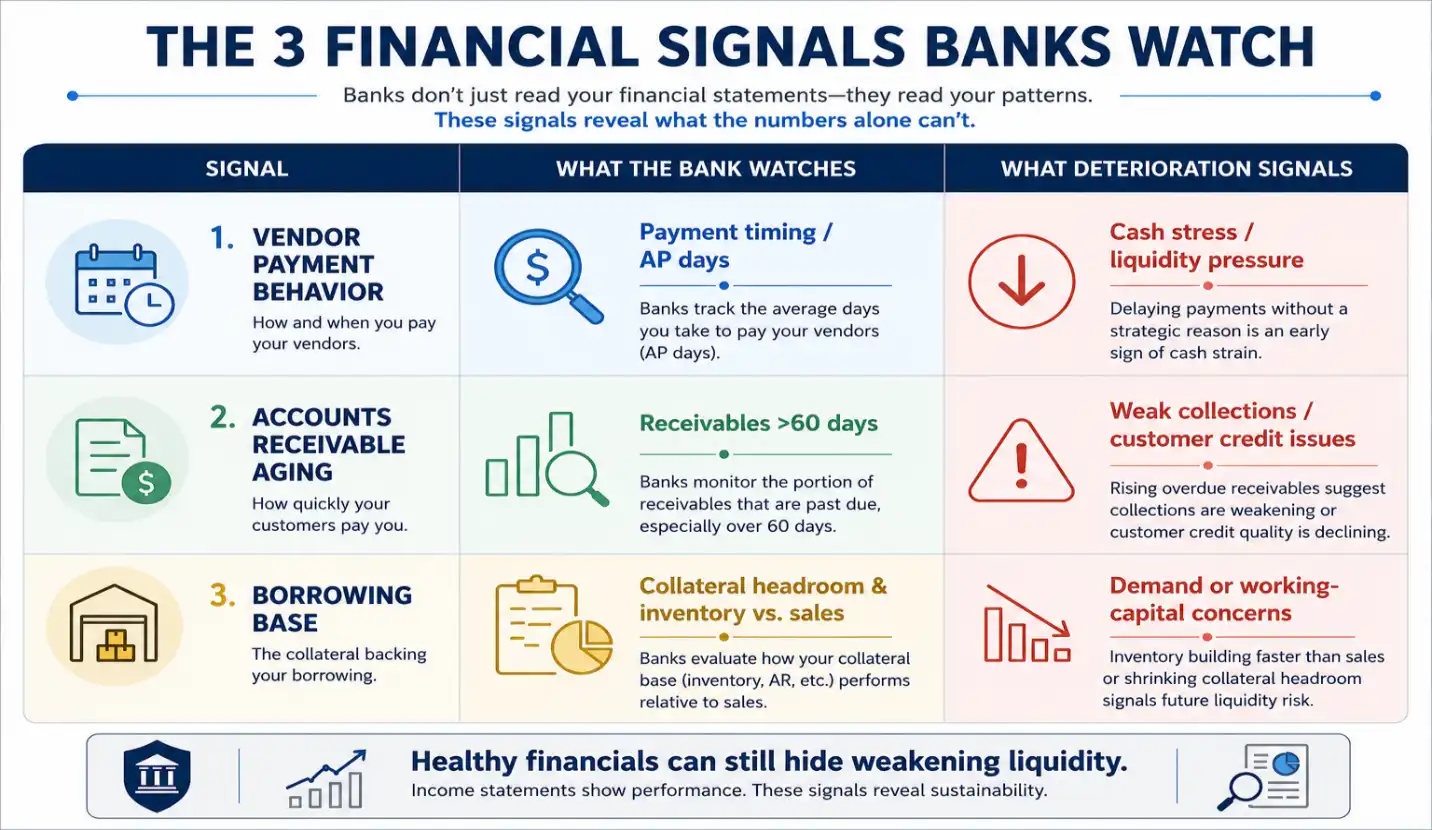 Infographic outlining three fraud detection in banking signals vendor payment behavior, accounts receivable aging, and borrowing base headroom and what each reveal about financial deterioration.