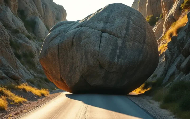 Large boulder blocking a mountain road, representing a bottleneck in the contract review process