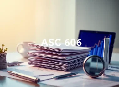 ASC 606 revenue recognition standard represented by financial reports and growth chart on a CFO's desk