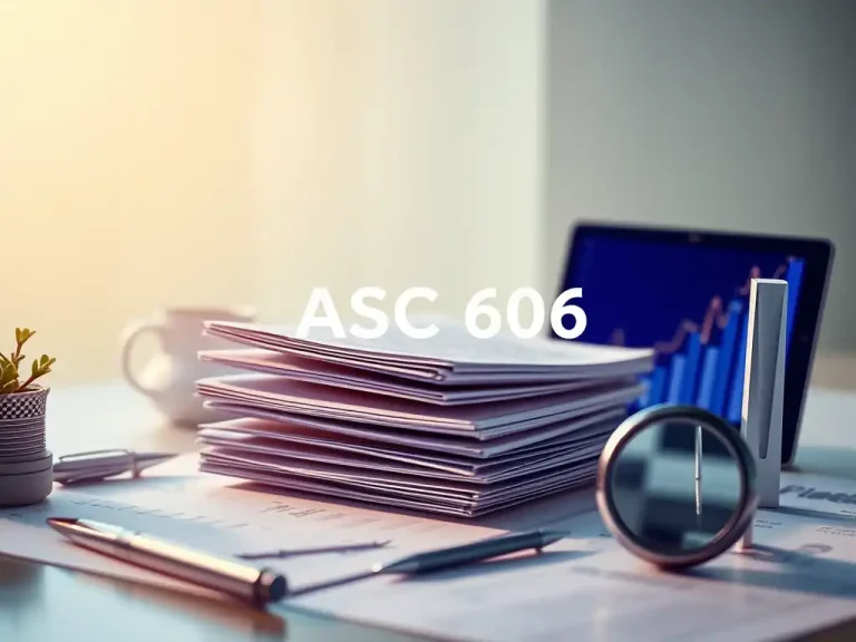 ASC 606 revenue recognition standard represented by financial reports and growth chart on a CFO's desk