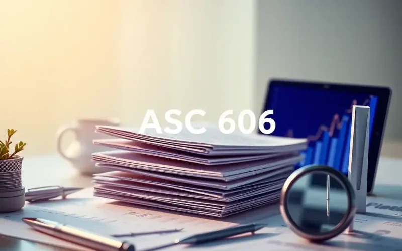 ASC 606 revenue recognition standard represented by financial reports and growth chart on a CFO's desk