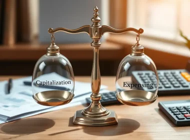 Balance scale weighing capitalization and expensing decisions in accounting