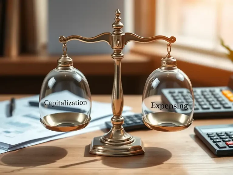 Balance scale weighing capitalization and expensing decisions in accounting