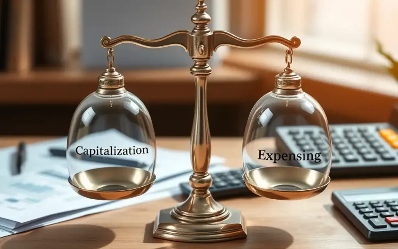 Balance scale weighing capitalization and expensing decisions in accounting